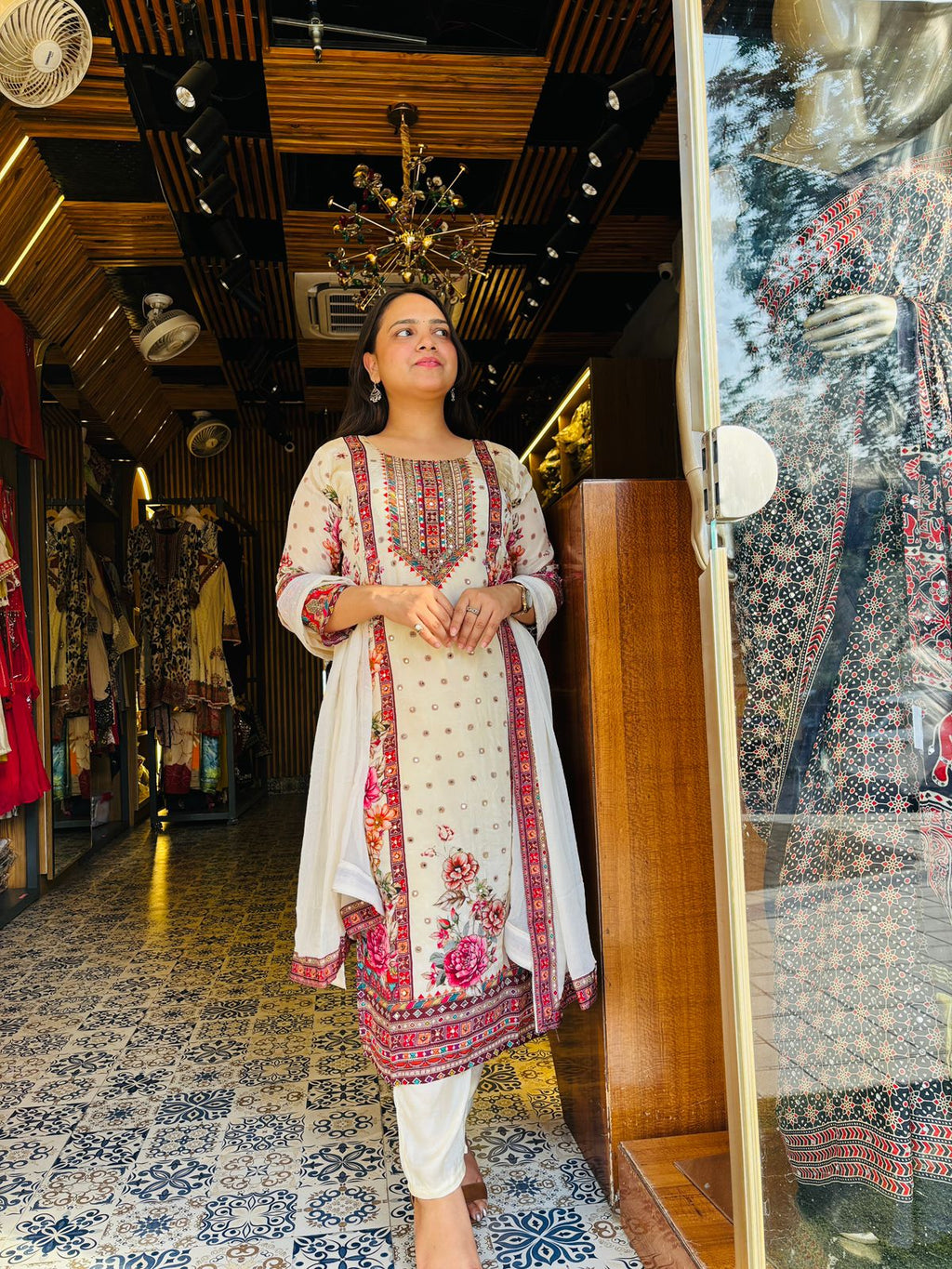 Crape Digital Print Suit with Hand Work