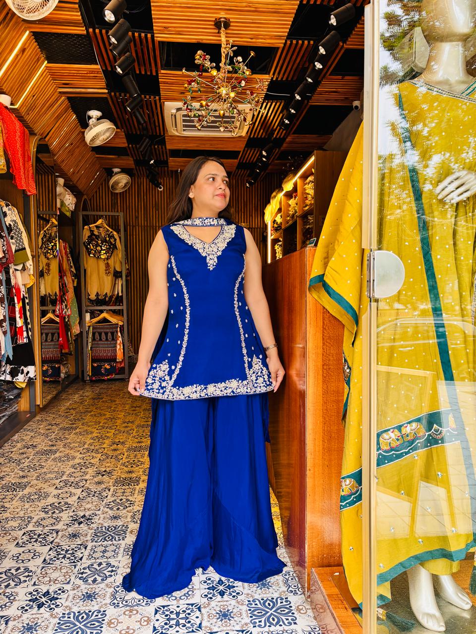 Royal Blue Chinon Fabric Indo-Western Party Wear