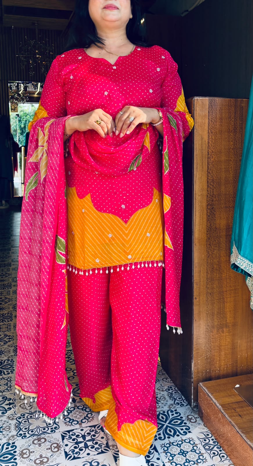 Magenta Farsi Suit with Leheriya Print