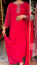 Pure Viscose Georgette Pink Anarkali Suit with Handwork