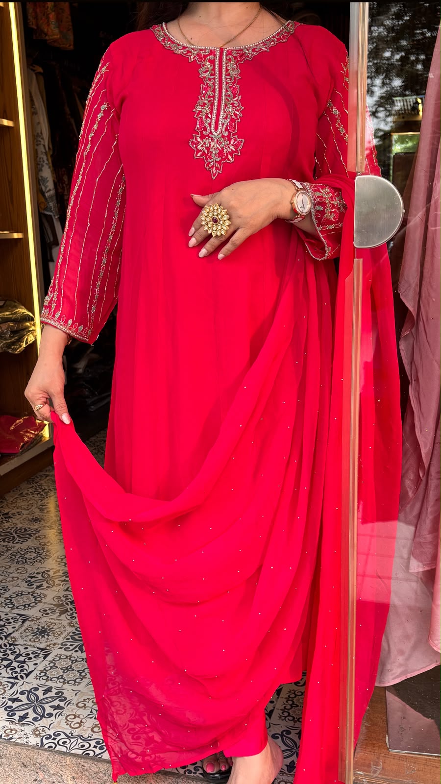 Pure Viscose Georgette Pink Anarkali Suit with Handwork