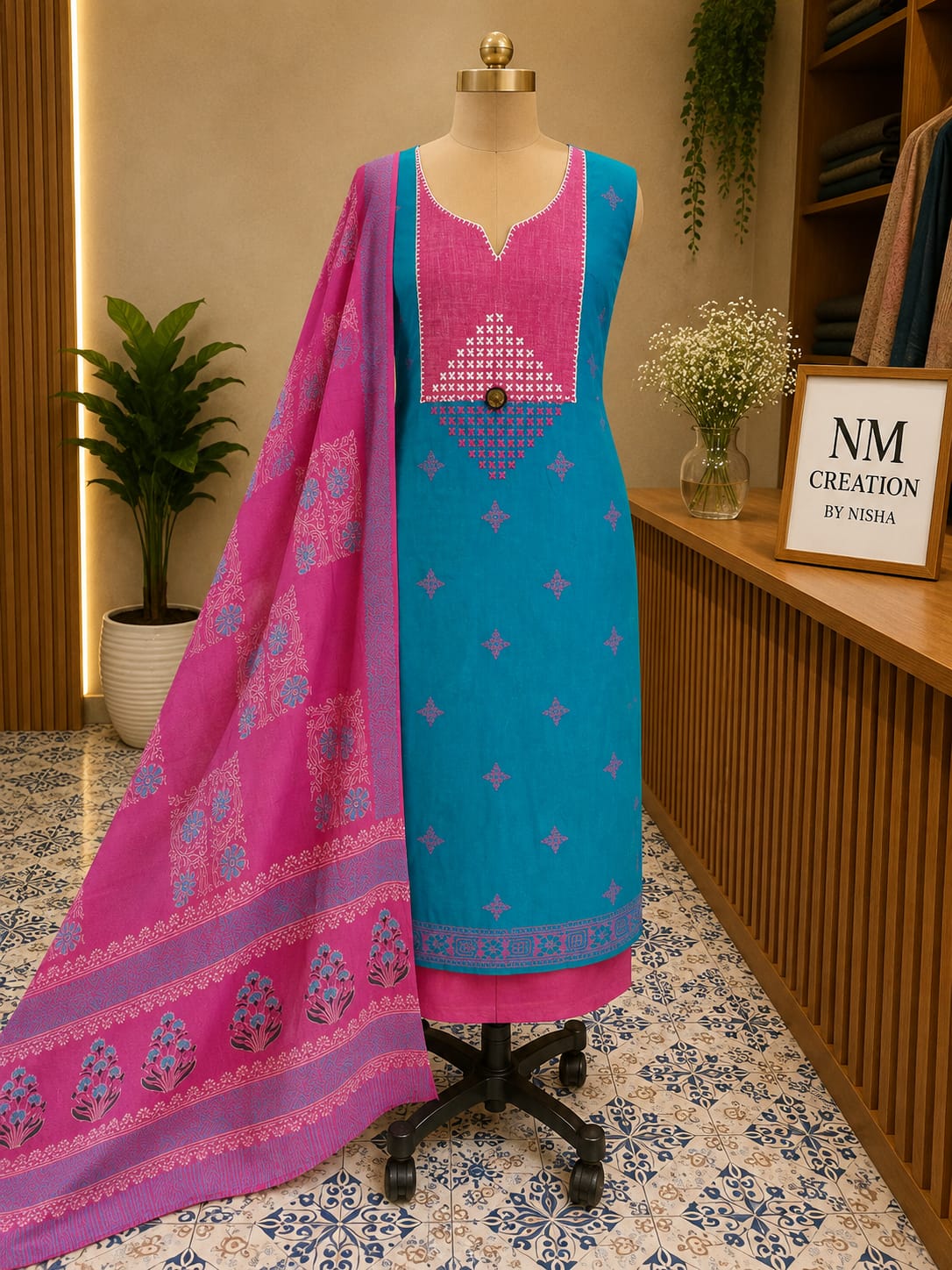 Unstitched Cotton Dress Material | Pink & Blue Combination