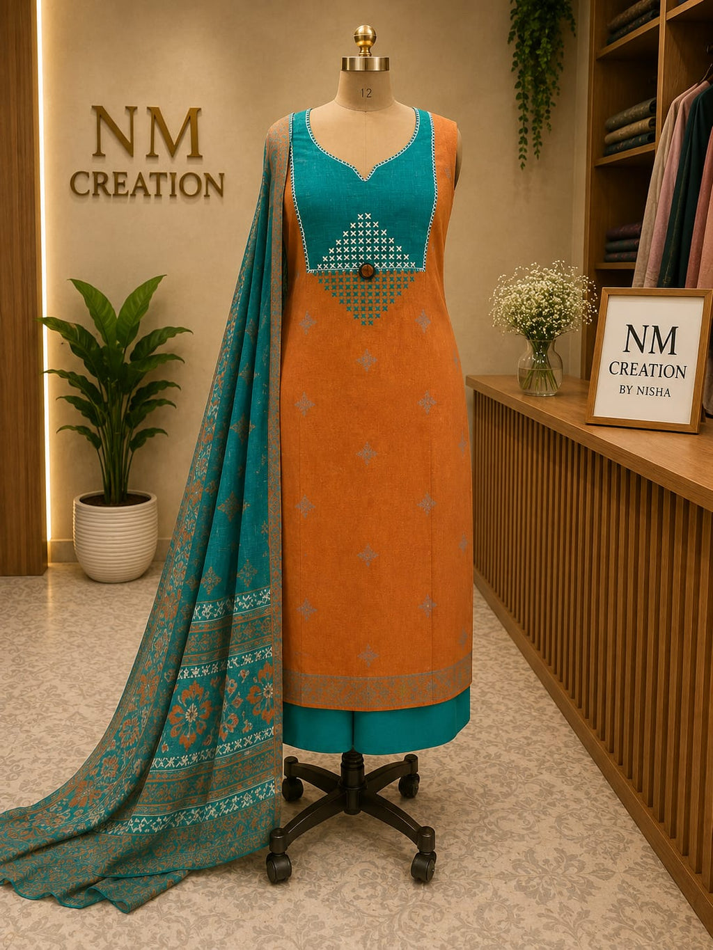 Unstitched Cotton Dress Material | Rama Green with Orange