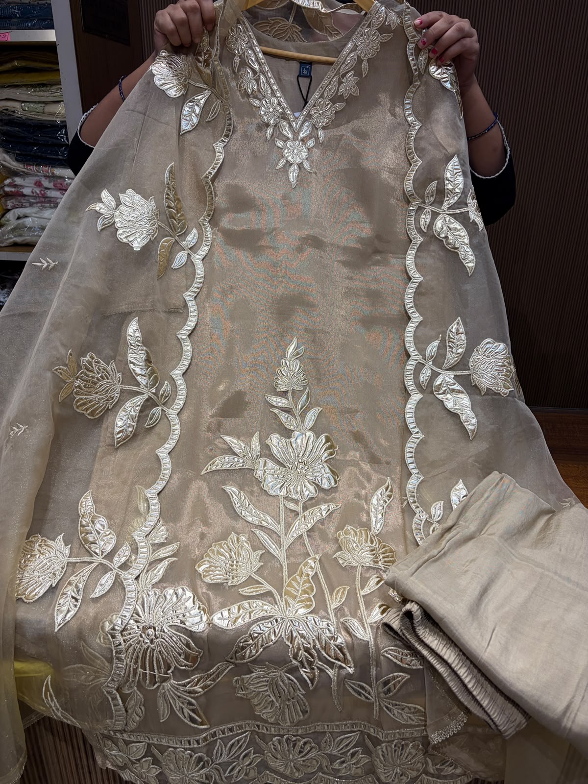 Beige Golden Soft Organza Suit with Cotton Lining & Shantoon Bottom