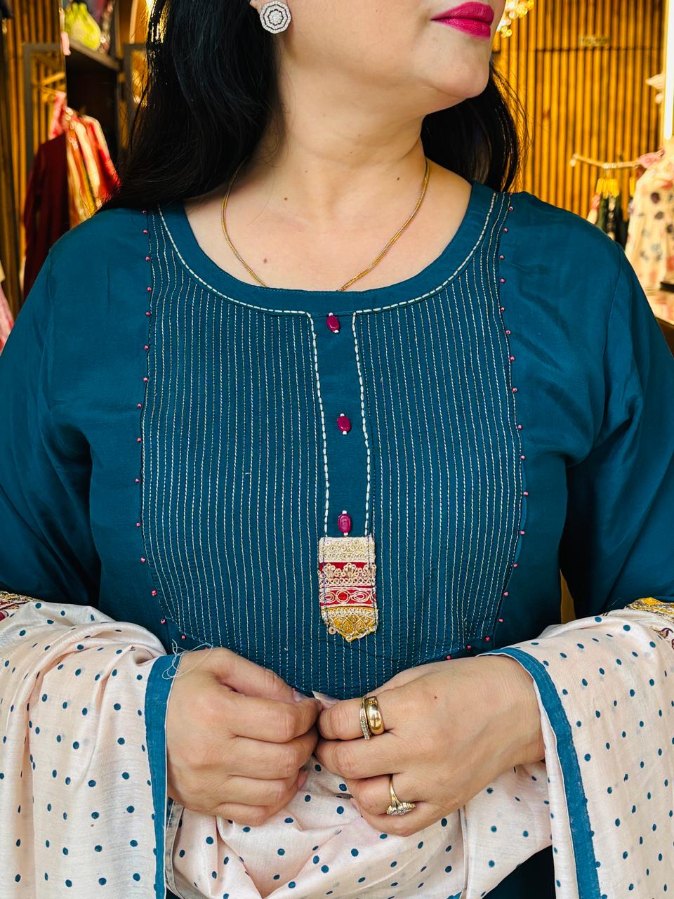 Muslin Peacock Blue Suit Set