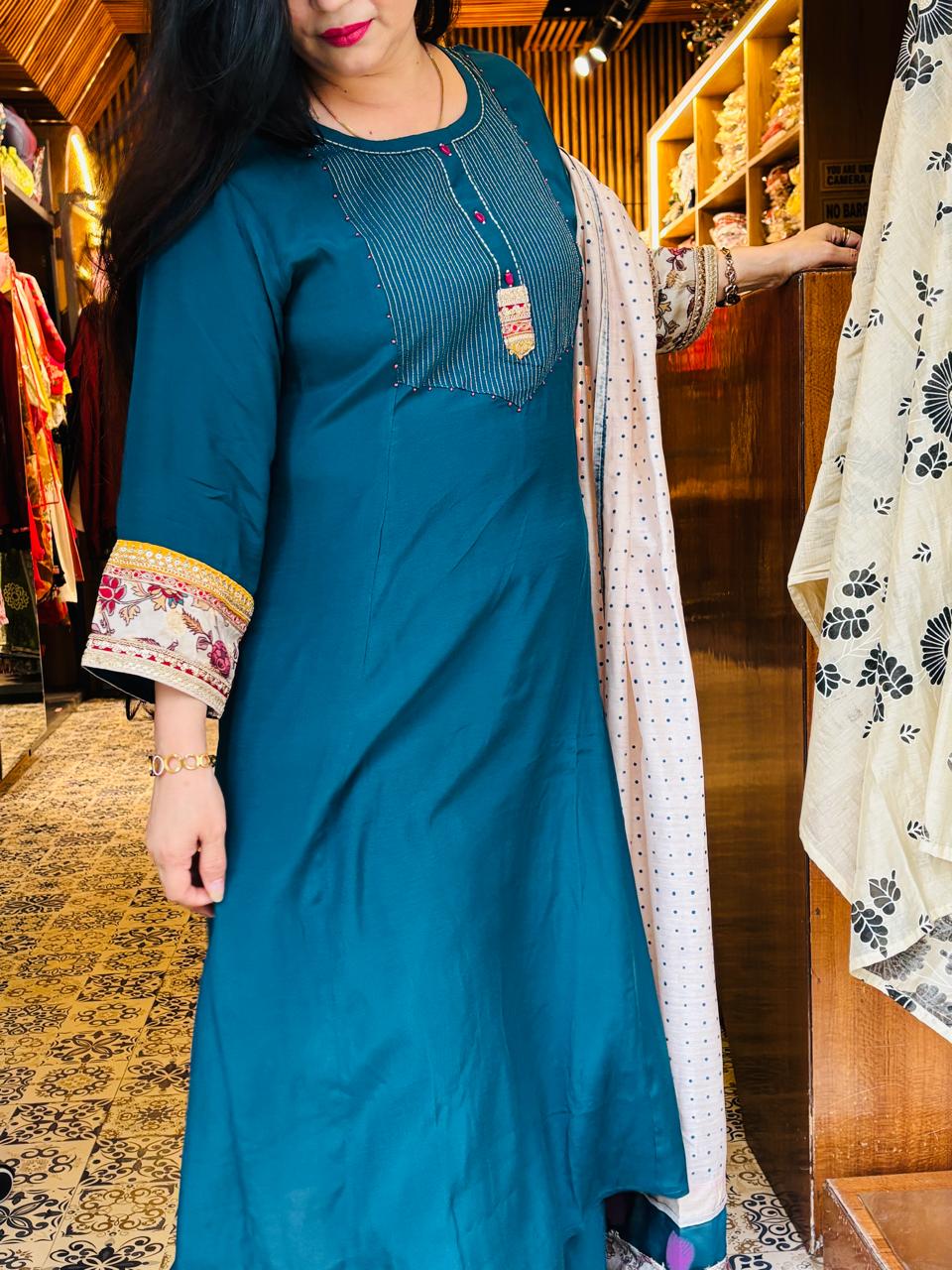 Muslin Peacock Blue Suit Set