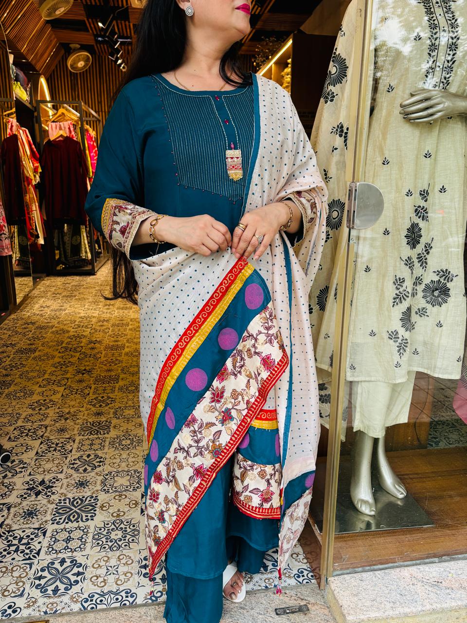 Muslin Peacock Blue Suit Set