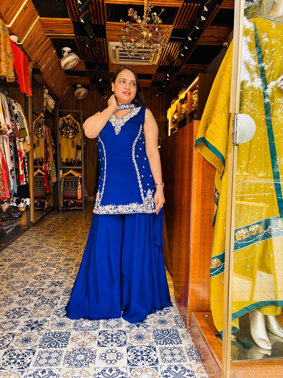 Royal Blue Chinon Fabric Indo-Western Party Wear