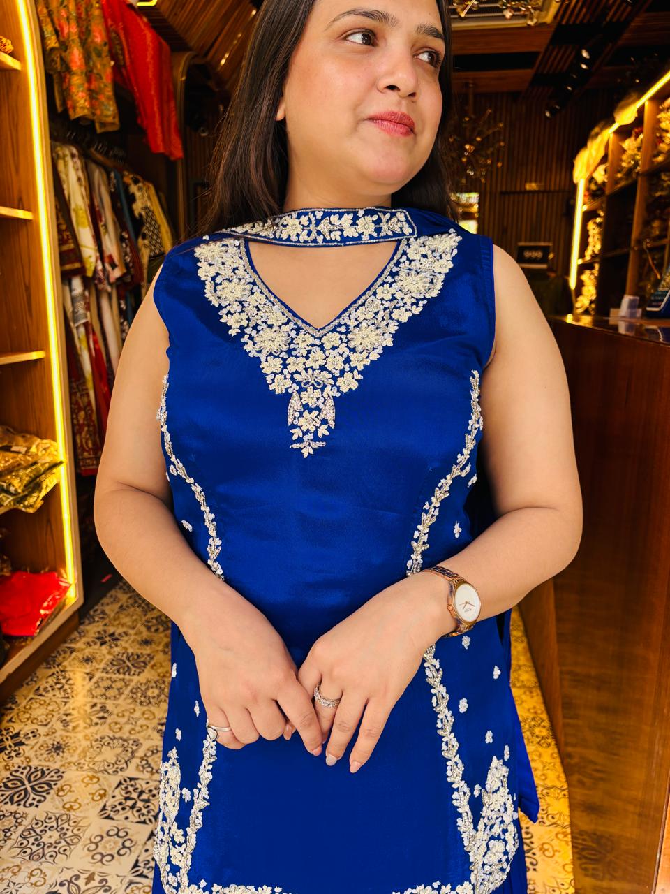 Royal Blue Chinon Fabric Indo-Western Party Wear