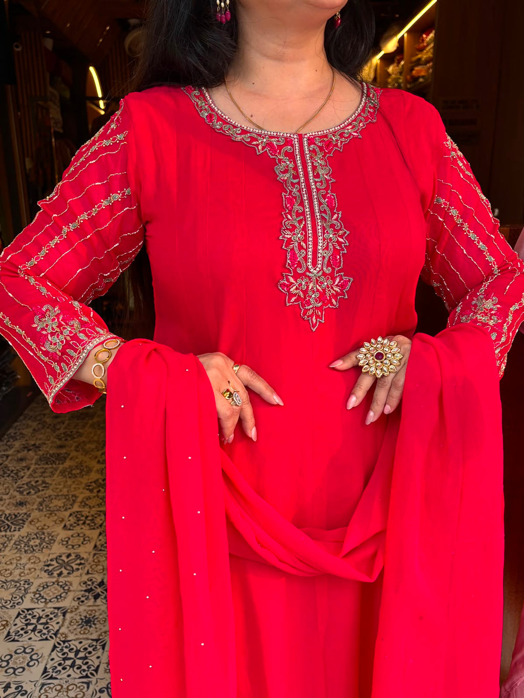 Pure Viscose Georgette Pink Anarkali Suit with Handwork