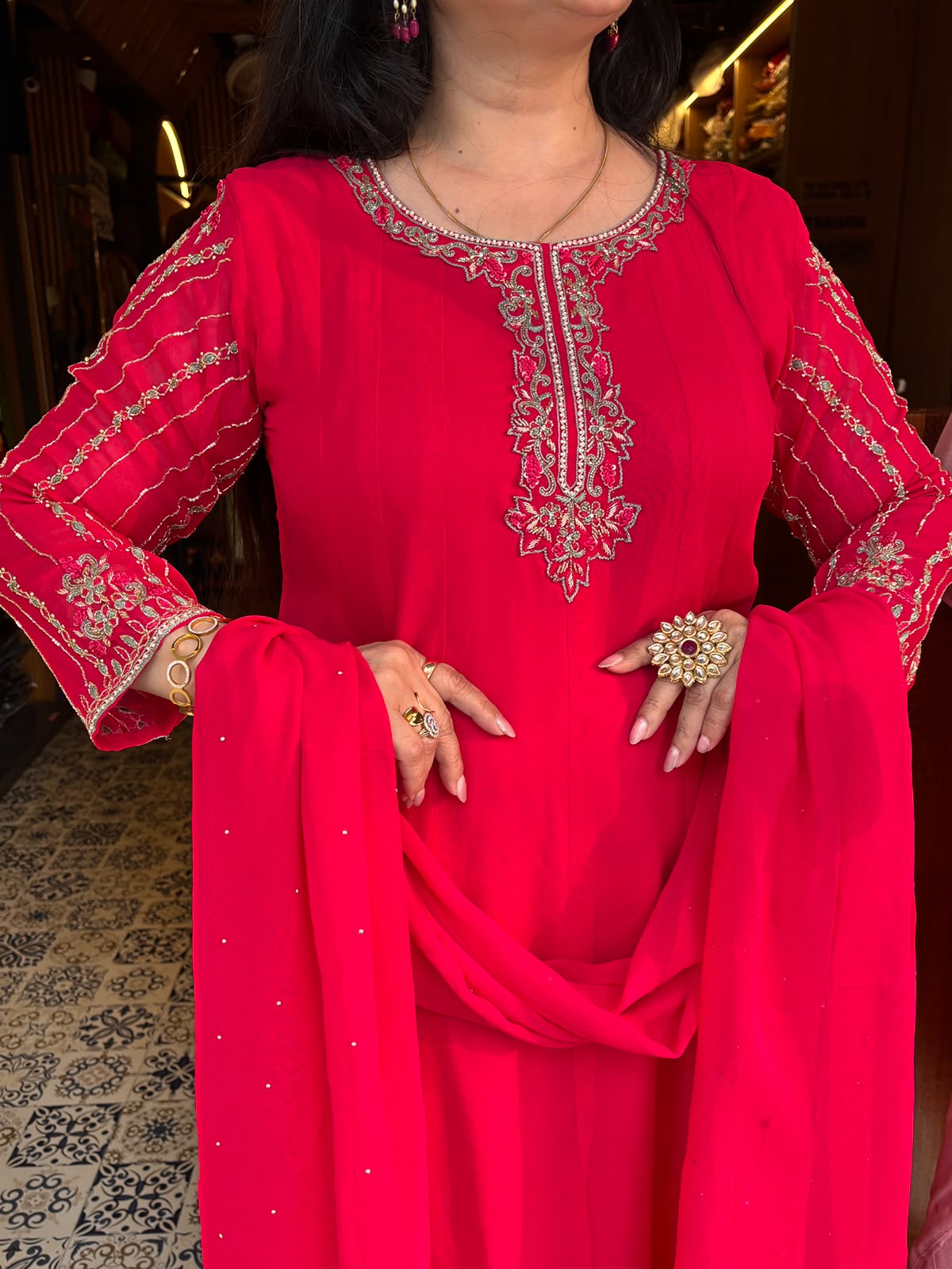 Pure Viscose Georgette Pink Anarkali Suit with Handwork
