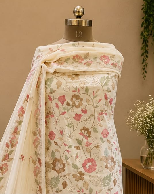 Unstitched White Kashmiri Suit | Pure Rayon with Georgette Dupatta