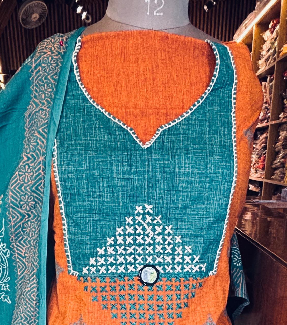 Unstitched Cotton Dress Material | Rama Green with Orange