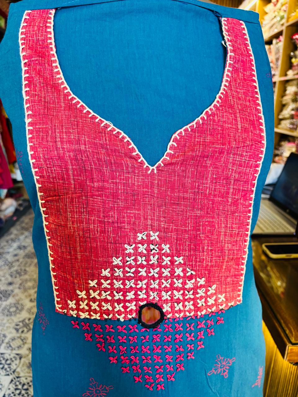 Unstitched Cotton Dress Material | Pink & Blue Combination
