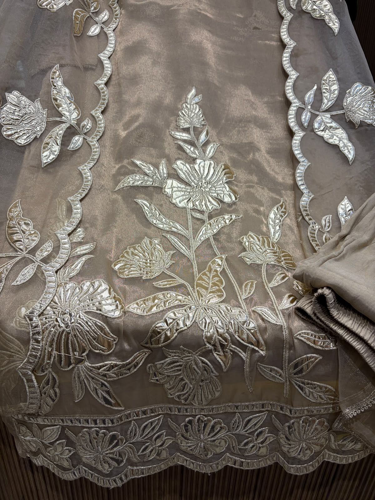 Beige Golden Soft Organza Suit with Cotton Lining & Shantoon Bottom