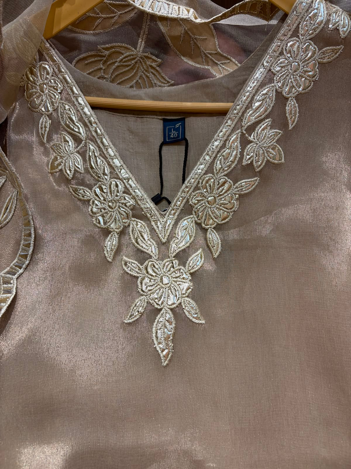Beige Golden Soft Organza Suit with Cotton Lining & Shantoon Bottom