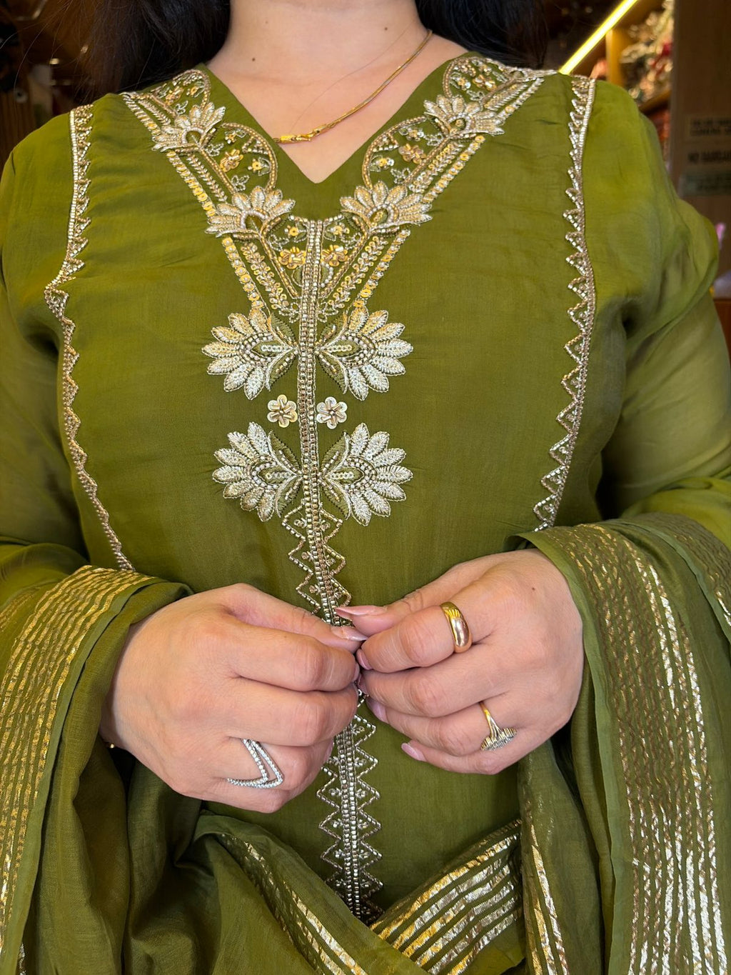 Glass Muslin Suit – Mehandi Green & Rama Green